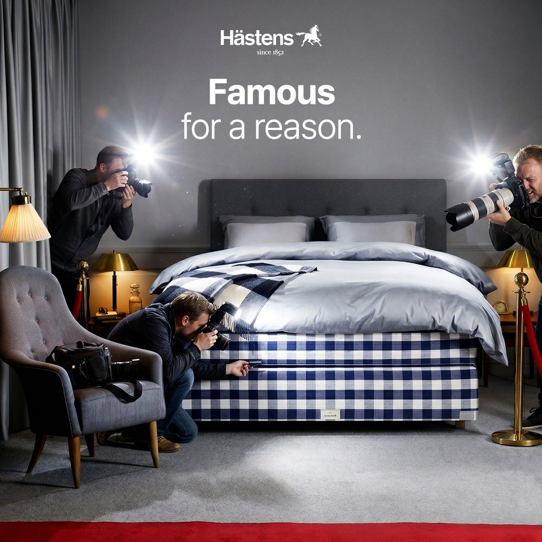 Hästens ad with photographers surrounding a blue check bed