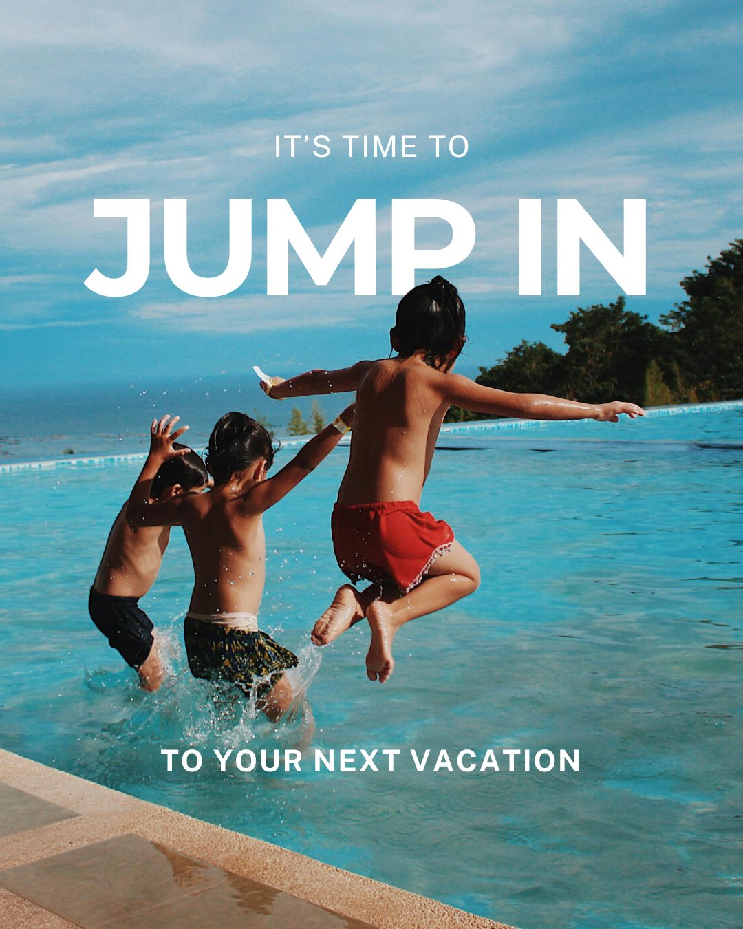 Vacatia social graphic featuring travelers jumping into blue water